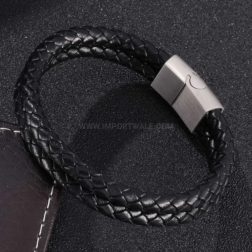 Retro Braided Leather Wristband with Stainless Steel Clasp