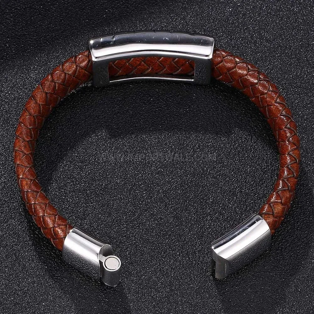 Classic Woven Brown Leather Wristband with Steel Hardware
