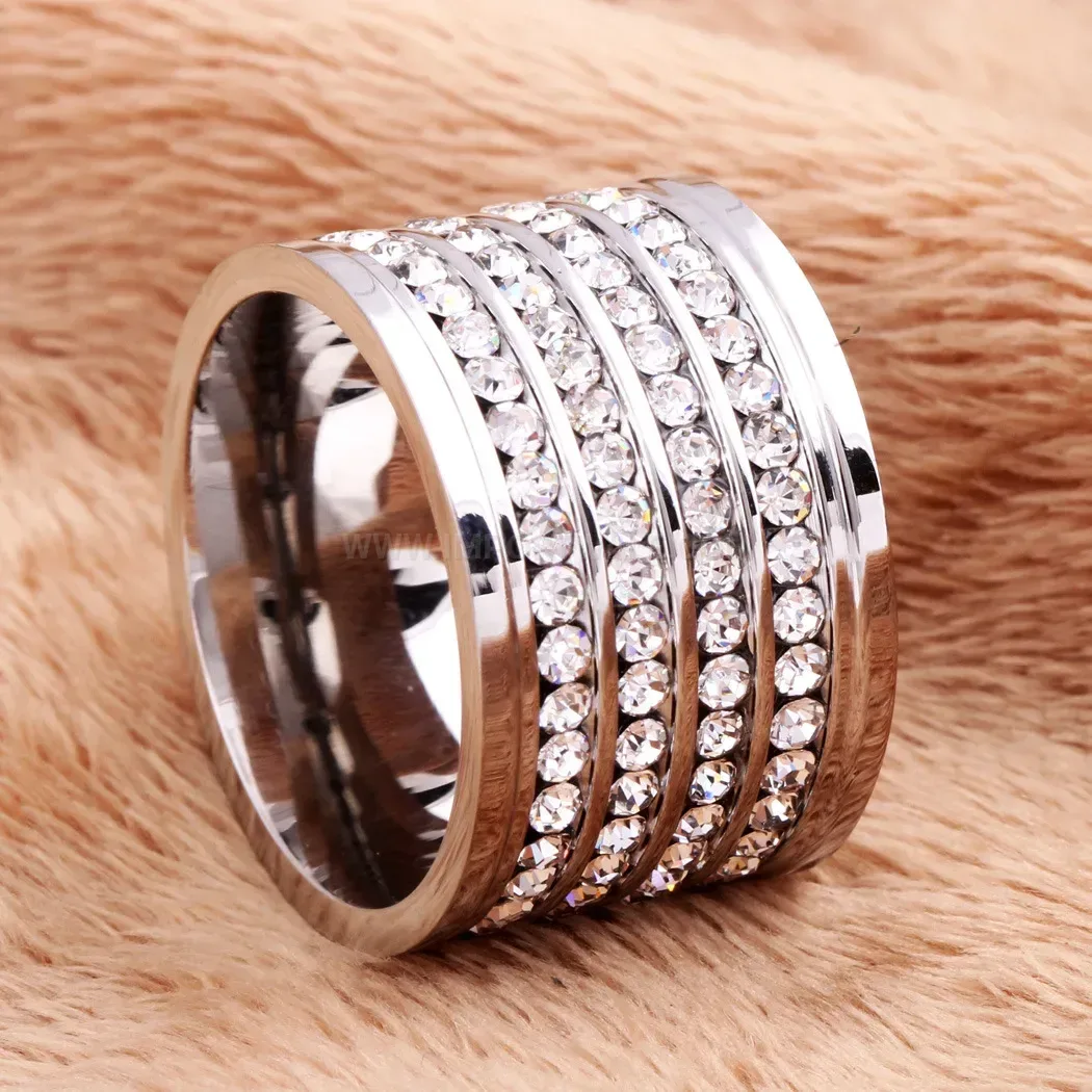Four-Row Gemstone Titanium Steel Wide Statement Ring