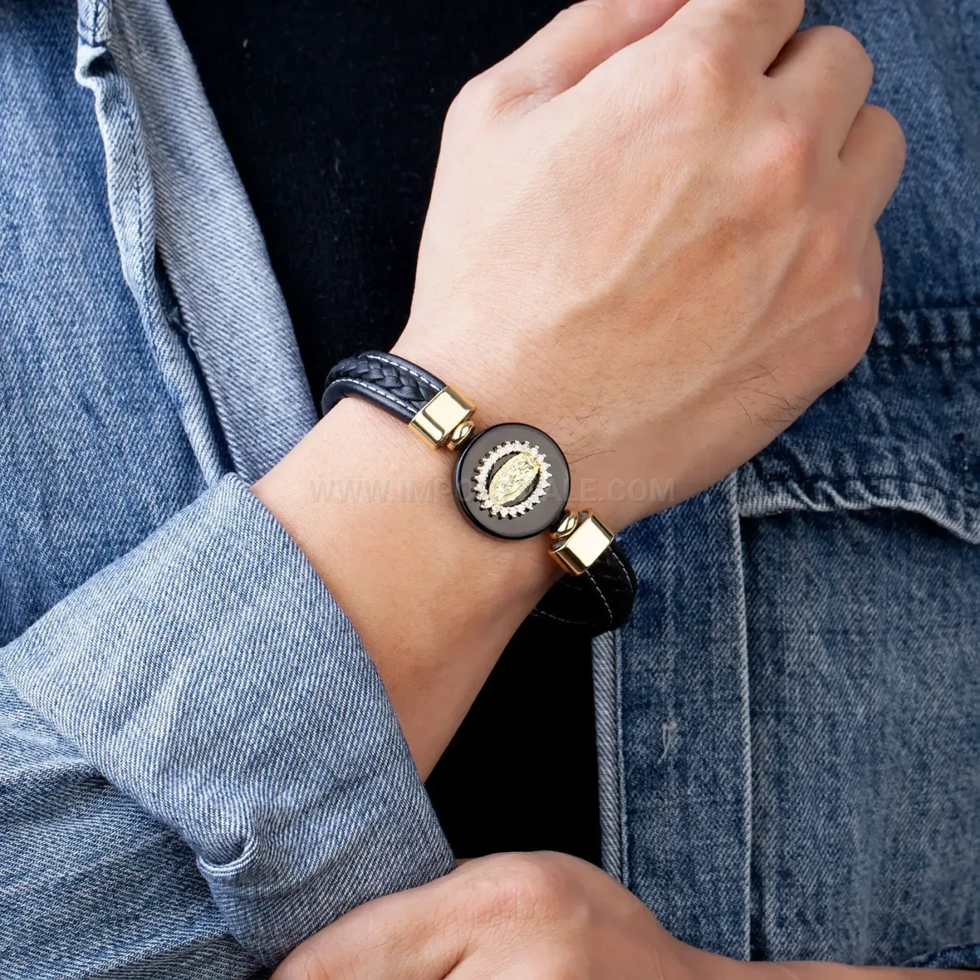 Vintage Gold Stainless Steel Woven Leather Stone Bracelet