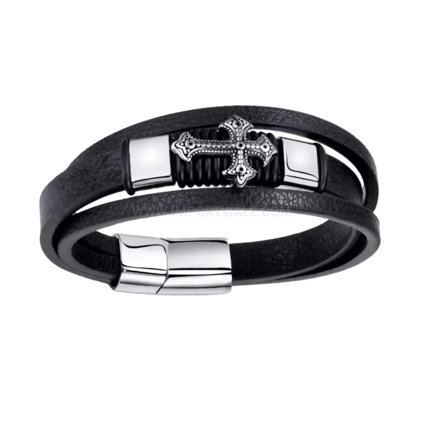 Bold Multi Layer Braided PU Leather Cross Wristband with Magnetic Clasp