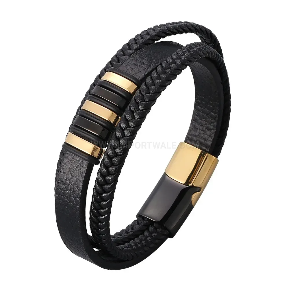 Multi Layer Woven Leather Bracelet with Stainless Steel Clasp