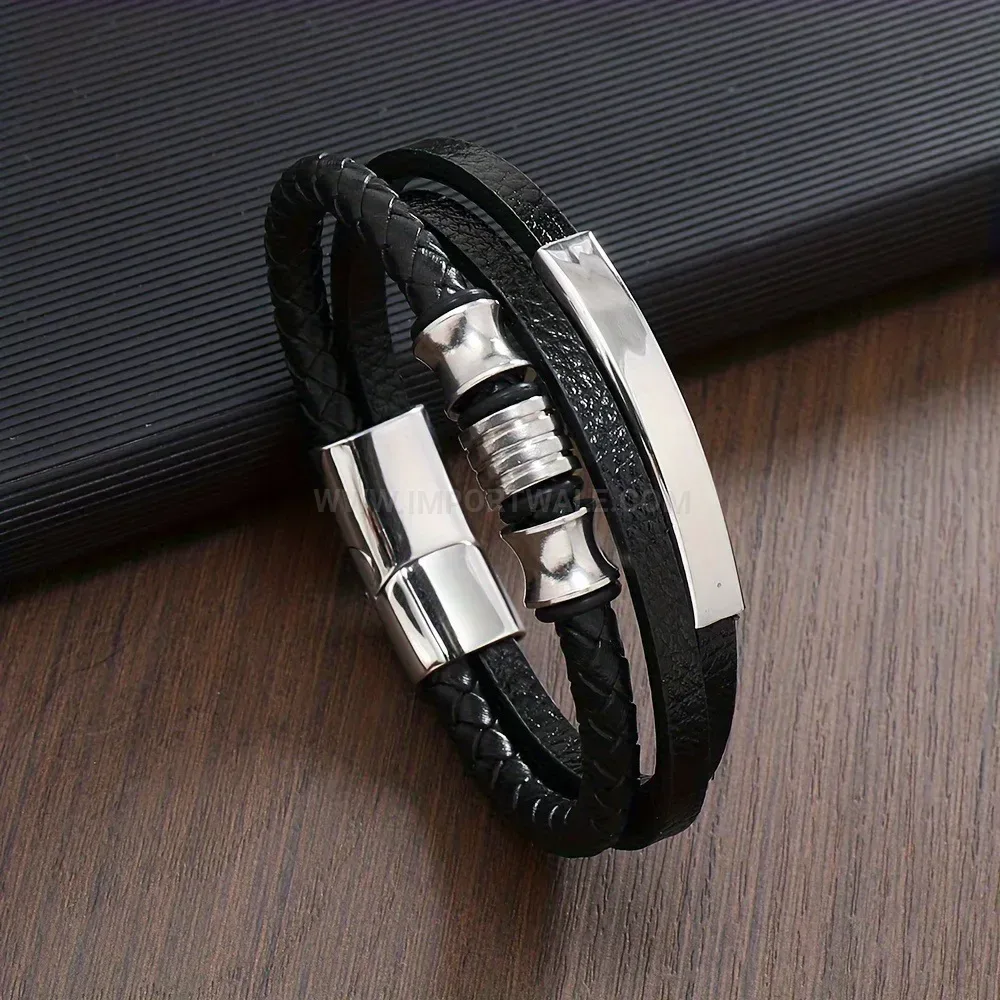 Designer Geometric Multi Layer Handcrafted Woven Leather Men Wristband