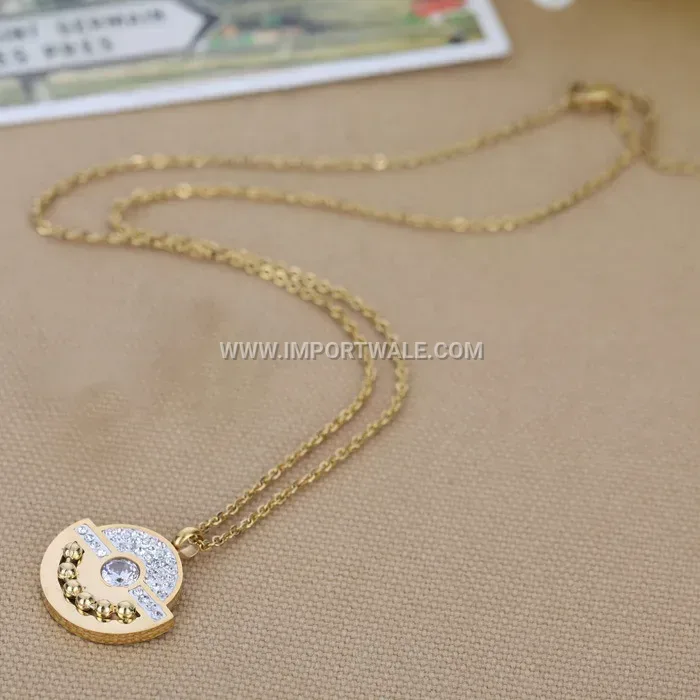 Gold Stainless Steel Geometric Rhinestone Semi-Circle Pendant Necklace