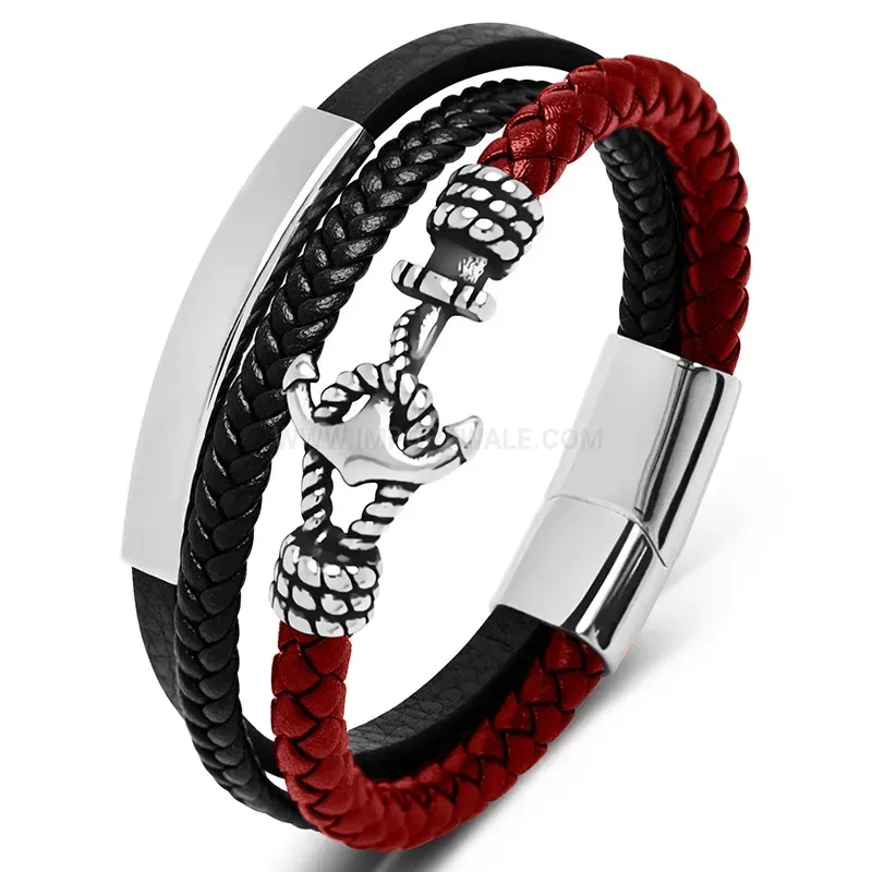 Premium Handcrafted Stainless Steel Anchor Hook Two-Tone Leather Bracelet