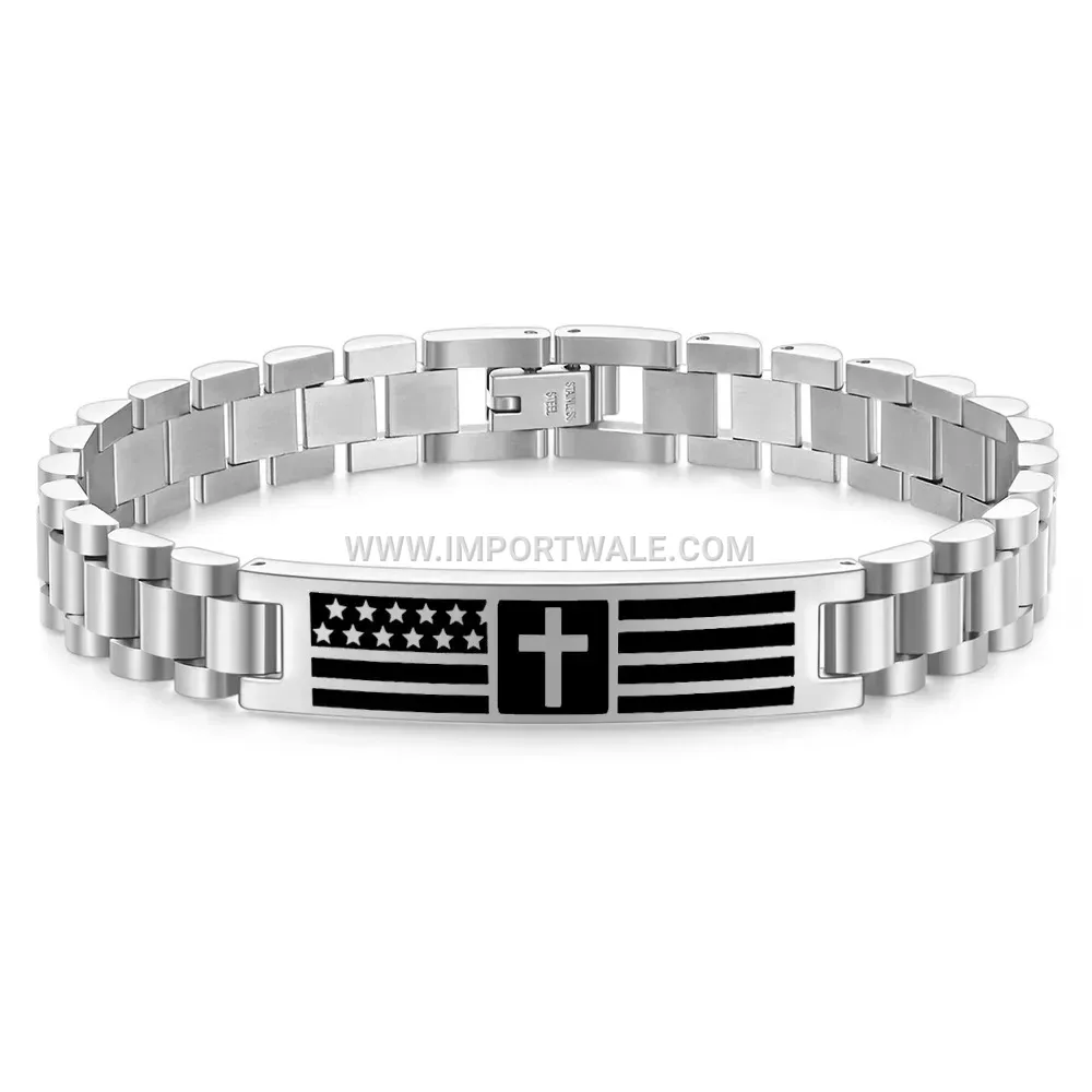 Laser Engraved Cross Stainless Steel Curved Plate Wrist Bracelet
