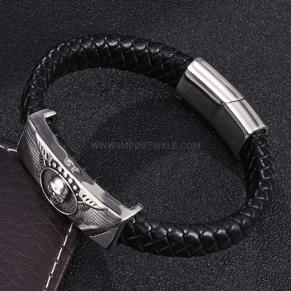 Vintage Skull Stainless Steel Woven Leather Wristband for Men