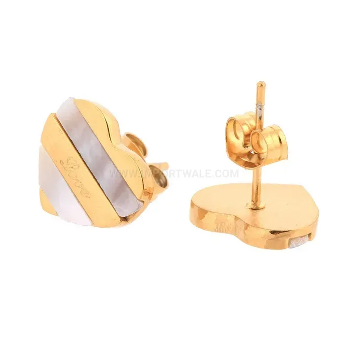 Classic Gold Stainless Steel Striped Heart Stud Earrings