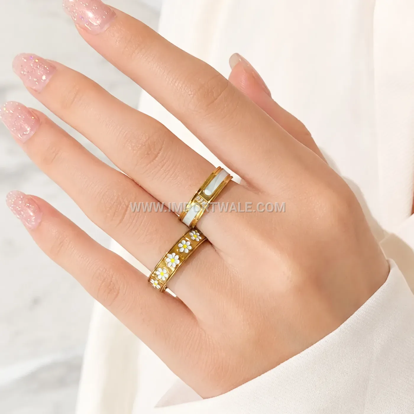 Spinning Floral Rhinestone Stainless Steel Stress Relief Band Ring