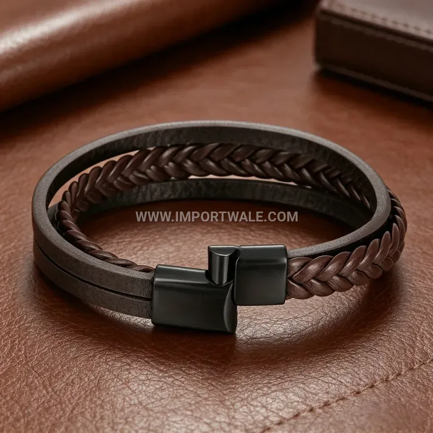 Double Strand Braided PU Leather Magnetic Wristband Bracelet