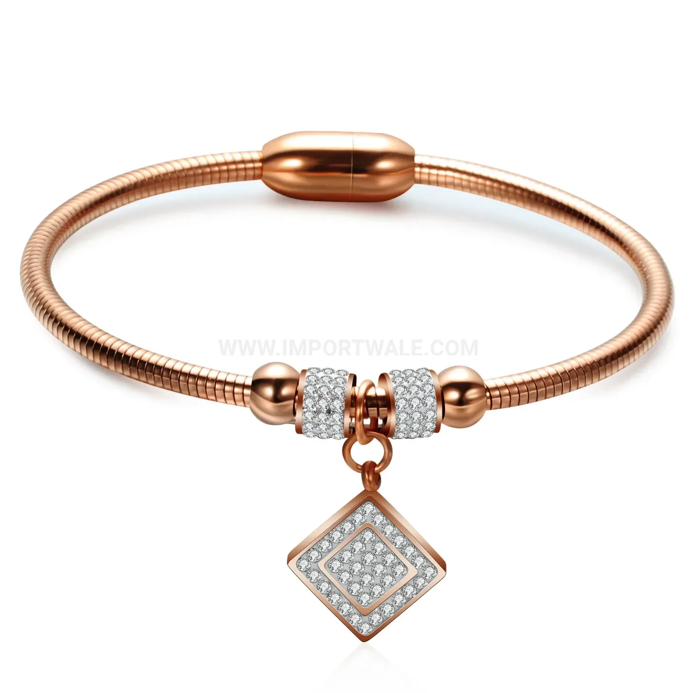 Designer Square Rhinestone Charm Snake Chain Magnetic Stainless Steel Bangle