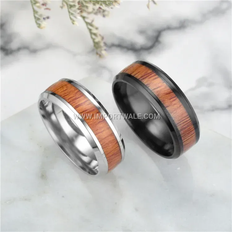 Wood Grain Inlaid Stainless Steel Band Ring