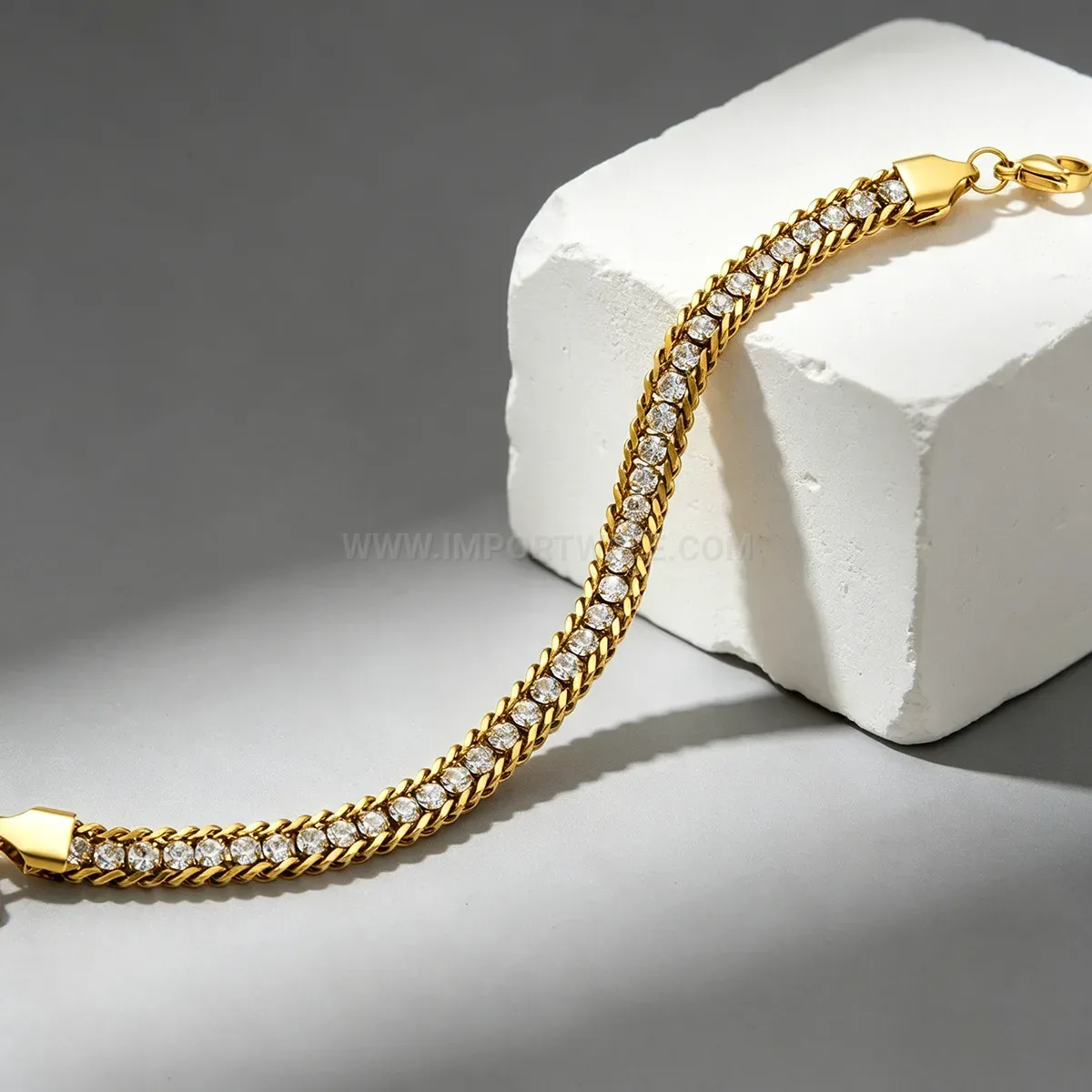 Stylish Layered Gold Stainless Steel Rhinestone Watch Band Bracelet