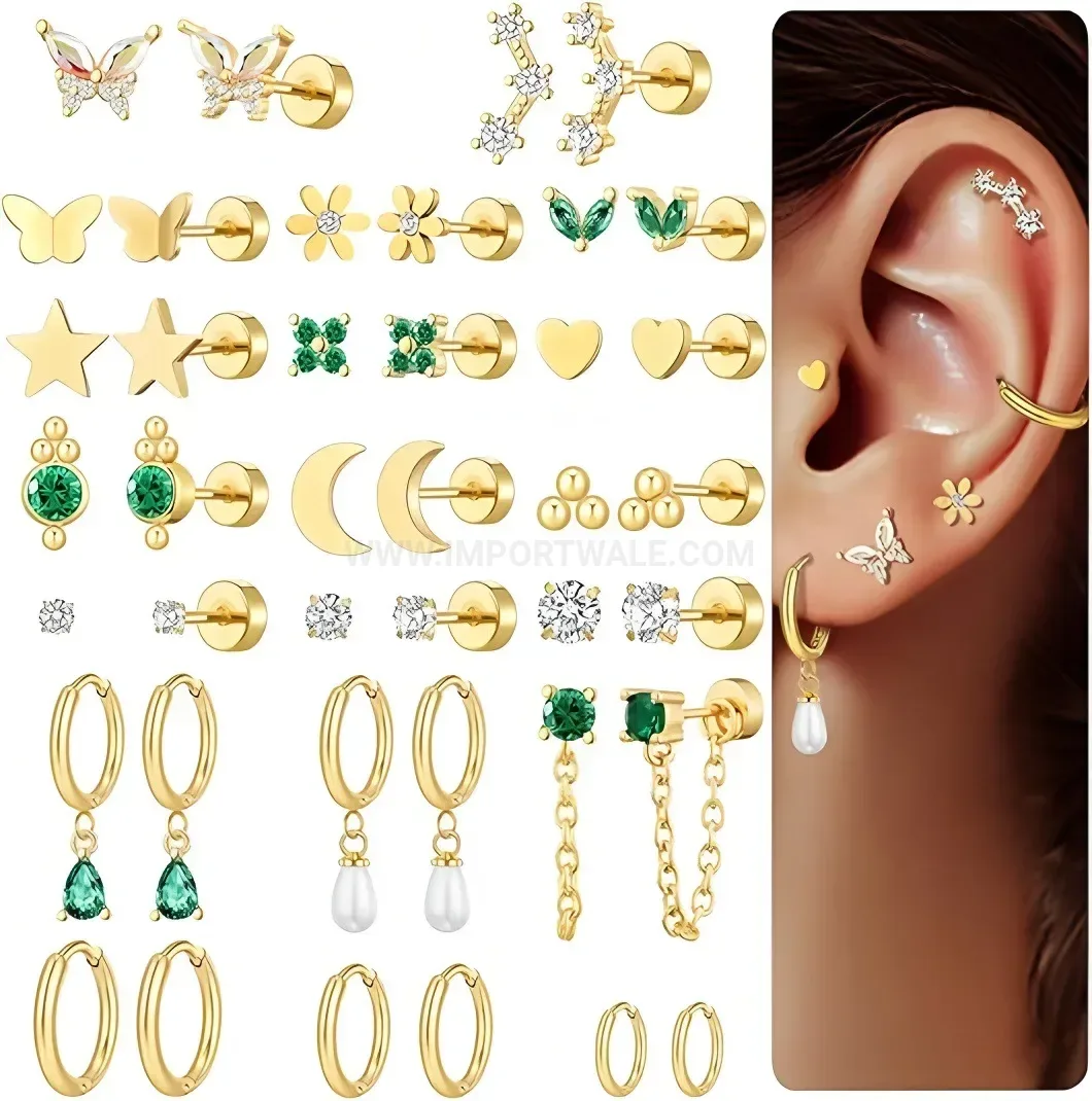 Stylish Gold Plated Butterfly Zircon Multi Piece Stud Piercing Set