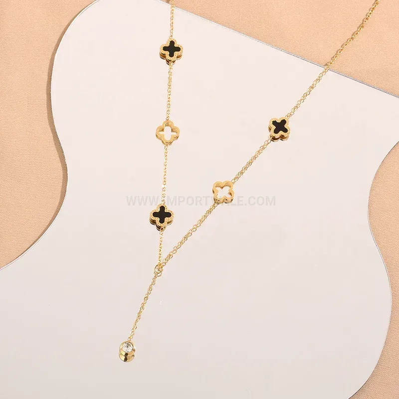 Titanium Steel Four Leaf Clover Charm Pendant Tassel Necklace