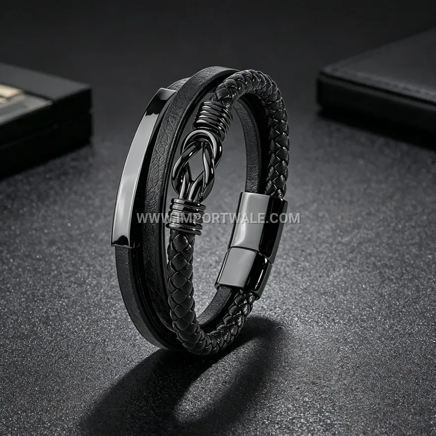 Dark Style Braided Leather Stainless Steel Magnetic Bracelet