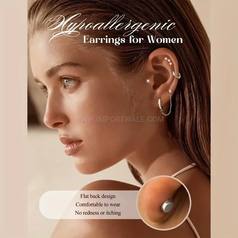 Designer Geometric Rhinestone Stainless Steel Threaded Cartilage Earring Set