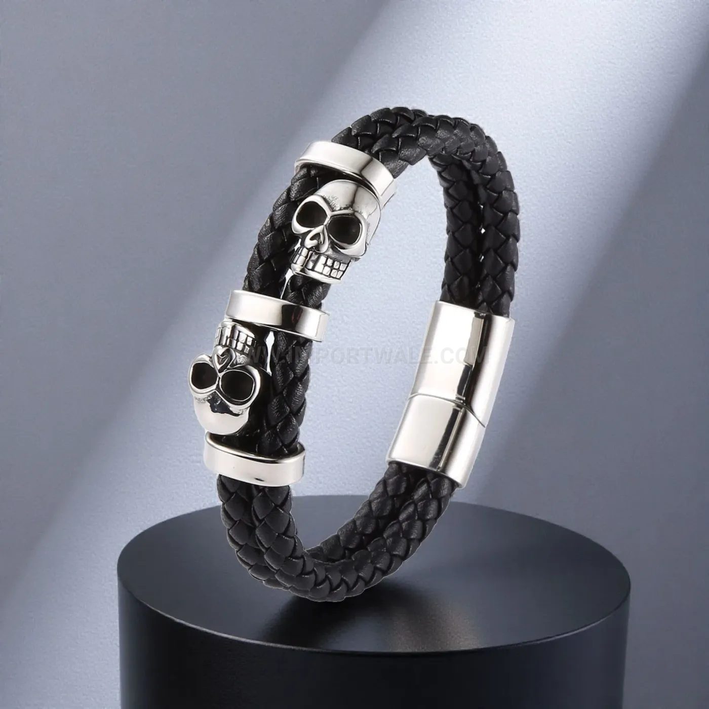 Classic Braided Leather Skull Clasp Steel Bracelet