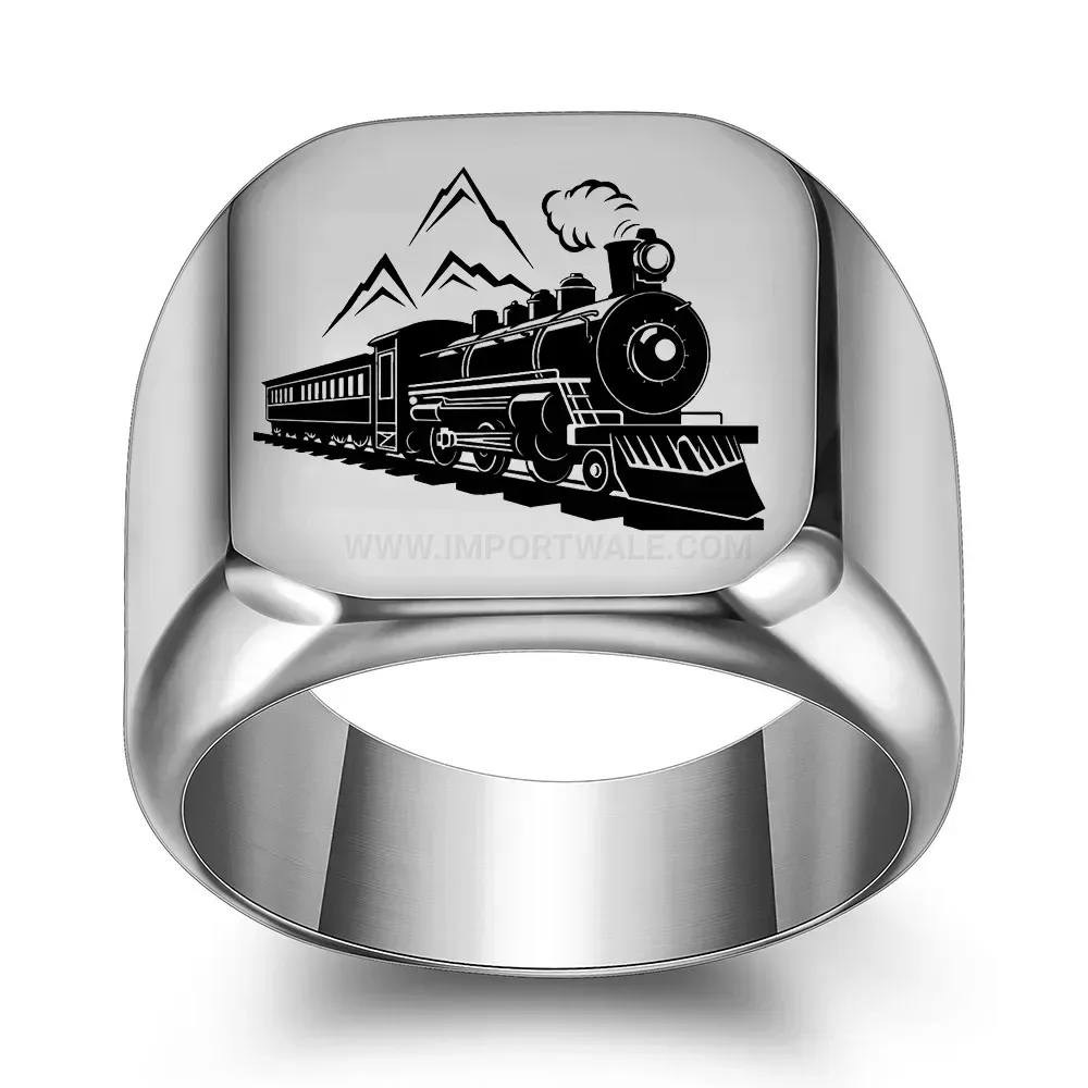 Elegant Engraved Train Motif Square Stainless Steel Signet Ring