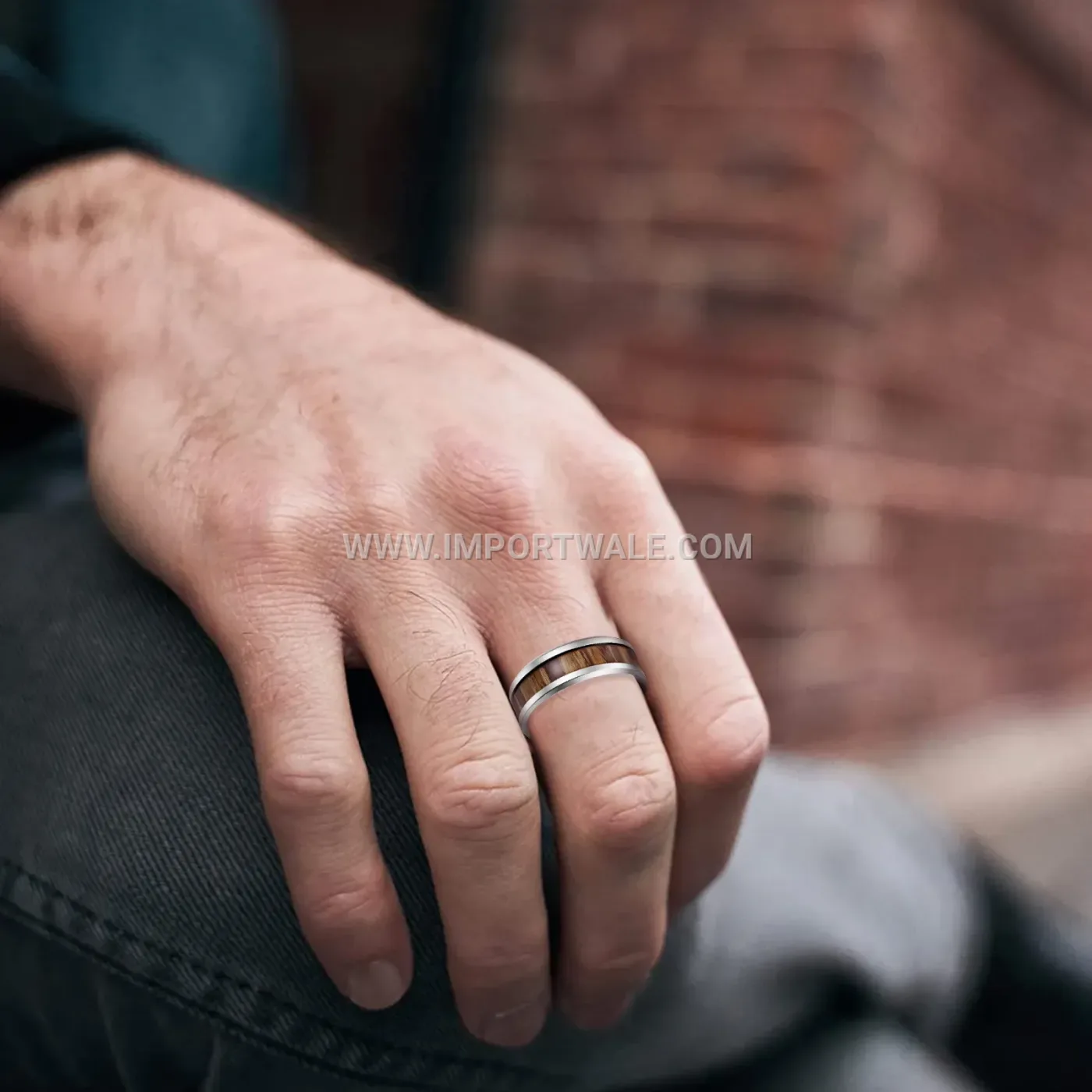 Wood Inlay Stainless Steel Band Ring for Couples