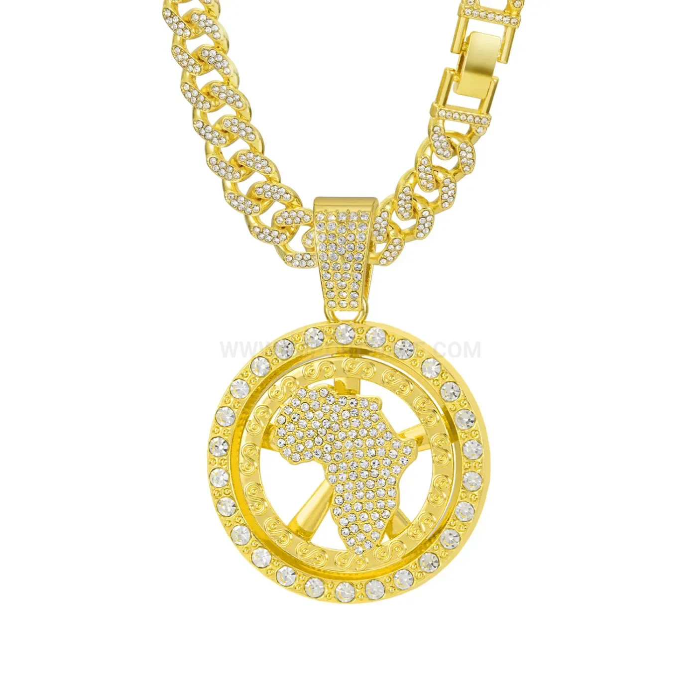 Trendy Rotating Africa Map Pendant Cuban Chain Necklace