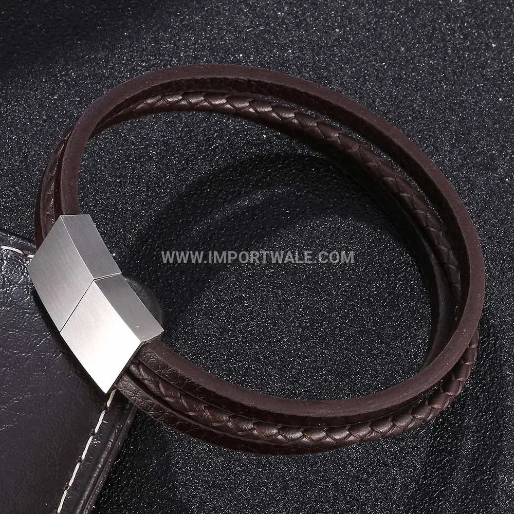 Multi Layer Woven Brown Leather Stainless Steel Magnetic Wristband