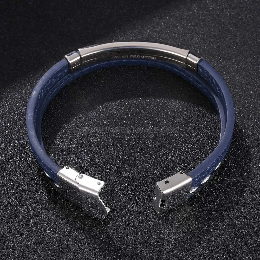 Braided Blue Leather Stainless Steel Engravable Wristband