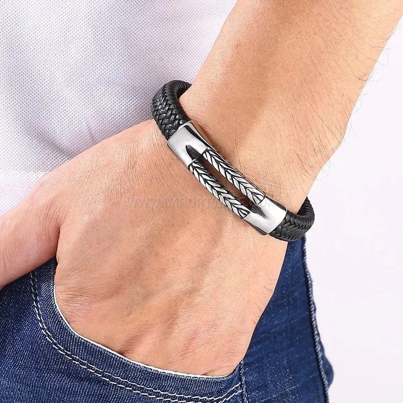 Elegant Braided Leather Stainless Steel Punk Style Wristband for Men