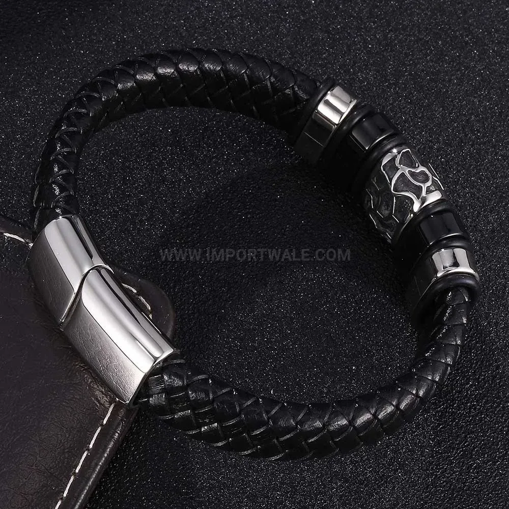 Woven Black Leather Bracelet with Electroplated Stainless Steel Clasp
