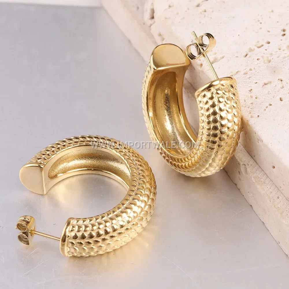 Fish Scale Textured Stainless Steel C-Shape Stud Earrings