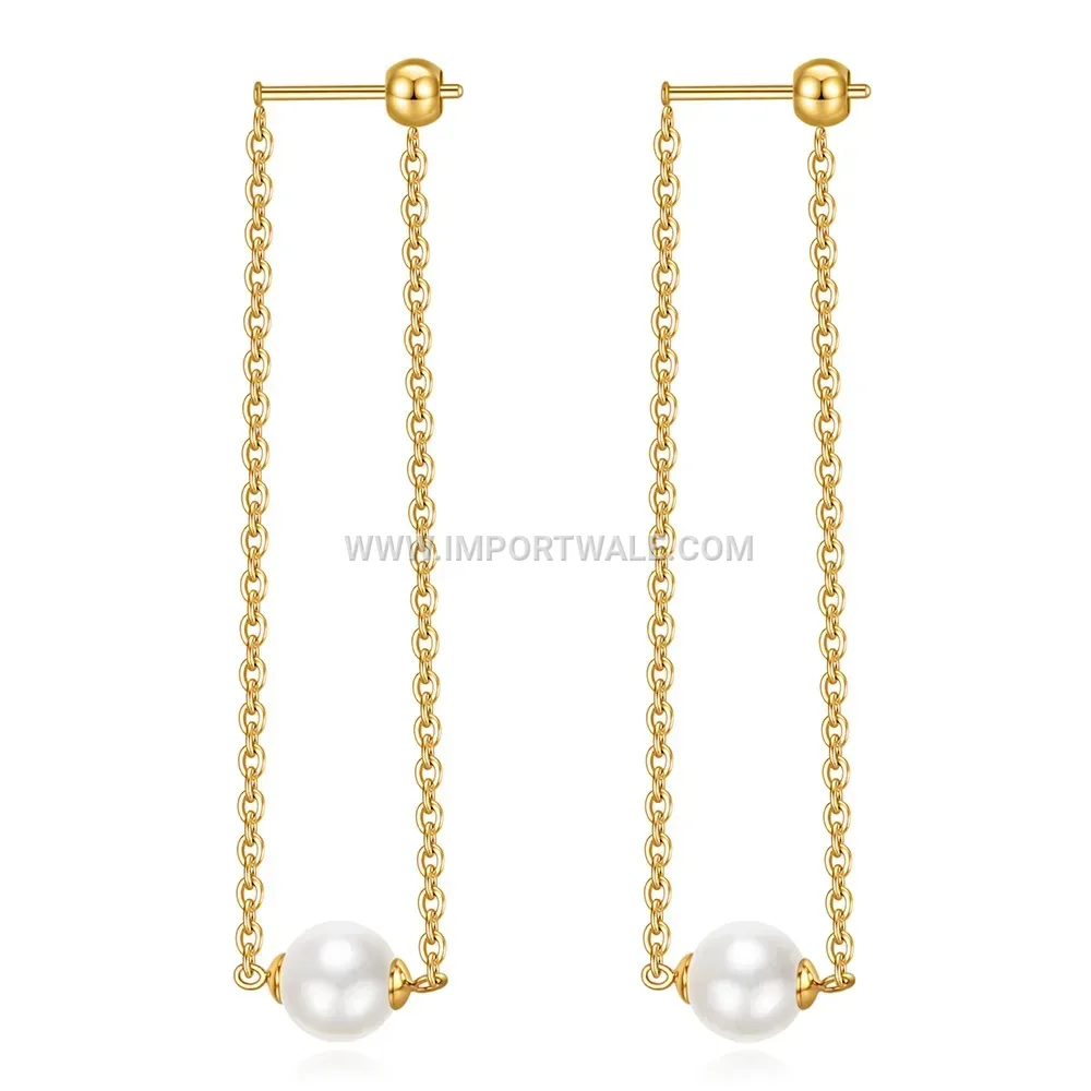 Minimalist Stainless Steel Long Chain Tassel Earrings with Pearl Accent