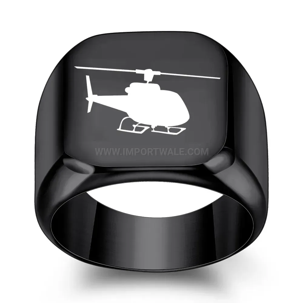 Trendy Vintage Helicopter Engraved Square Stainless Steel Signet Ring