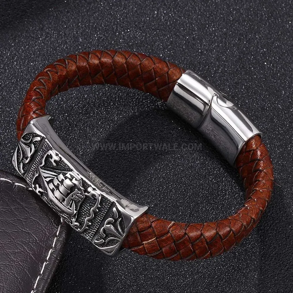 Modern Brown Leather Wristband with Stainless Steel Anchor Accent