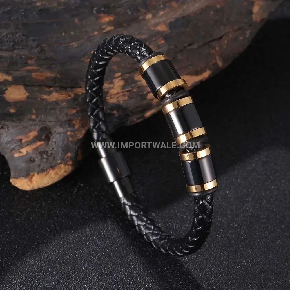 Geometric Stainless Steel and Leather Strap Wristband Bracelet