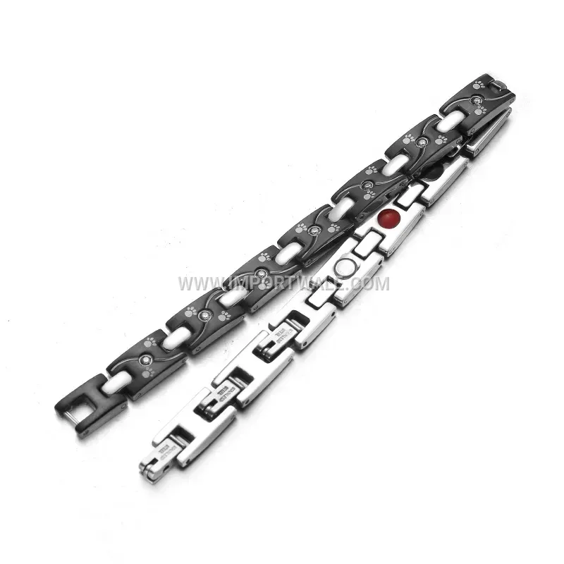 Black Rhinestone Footprint Magnetic Titanium Steel Couples Bracelet