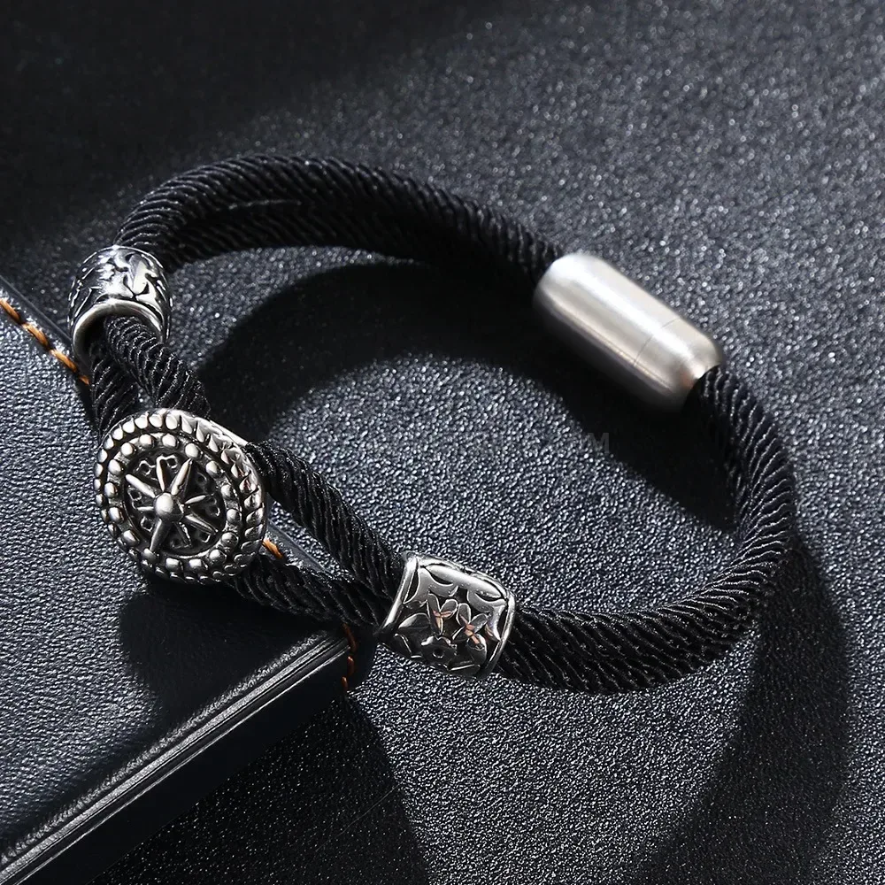 Nautical Ship Wheel Pendant Braided Cord Stainless Steel Bracelet