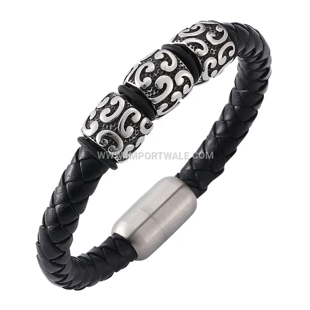 Vintage Engraved Stainless Steel Magnetic Leather Cuff Bracelet