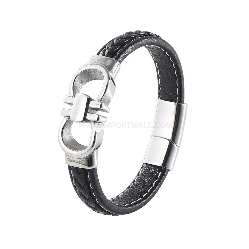 Stitched Braided Leather Wristband with Steel Clasp