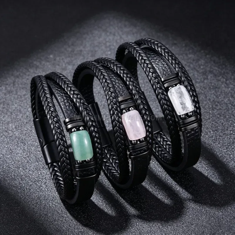 Chic Double Layer Leather Bracelet With Natural Tiger Eye Beads