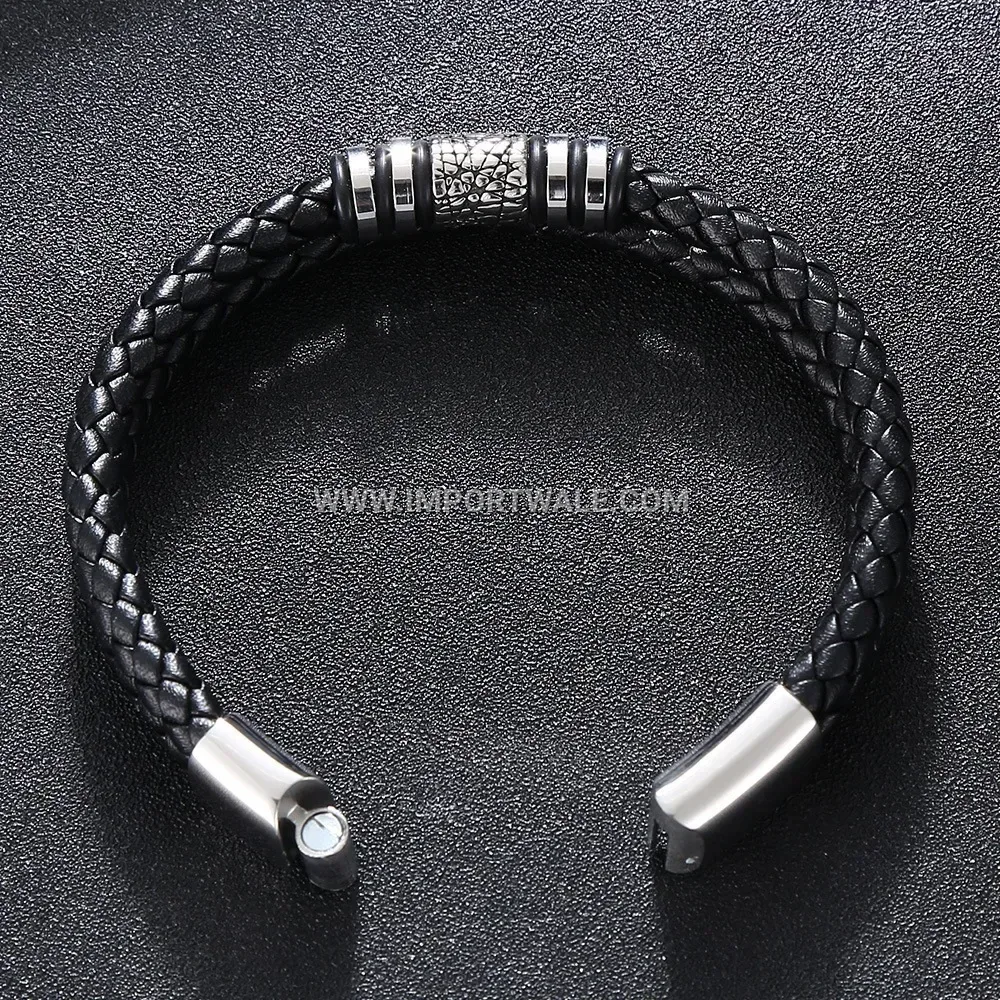 Double-Wrap Braided Leather Stainless Steel Bracelet with Magnetic Clasp