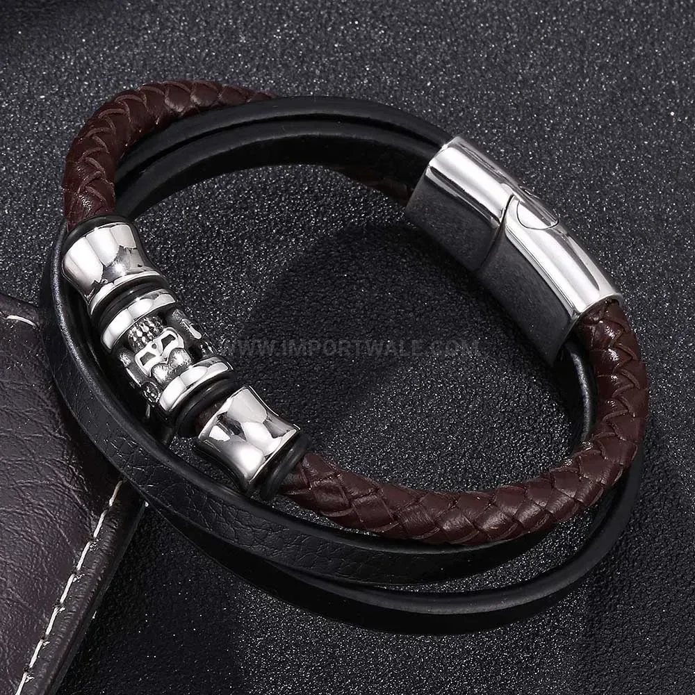 Skull Detail Multi Strand Leather Wristband in Stainless Steel