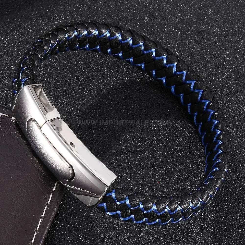 Two-Tone Braided Leather Magnetic Stainless Steel Bracelet