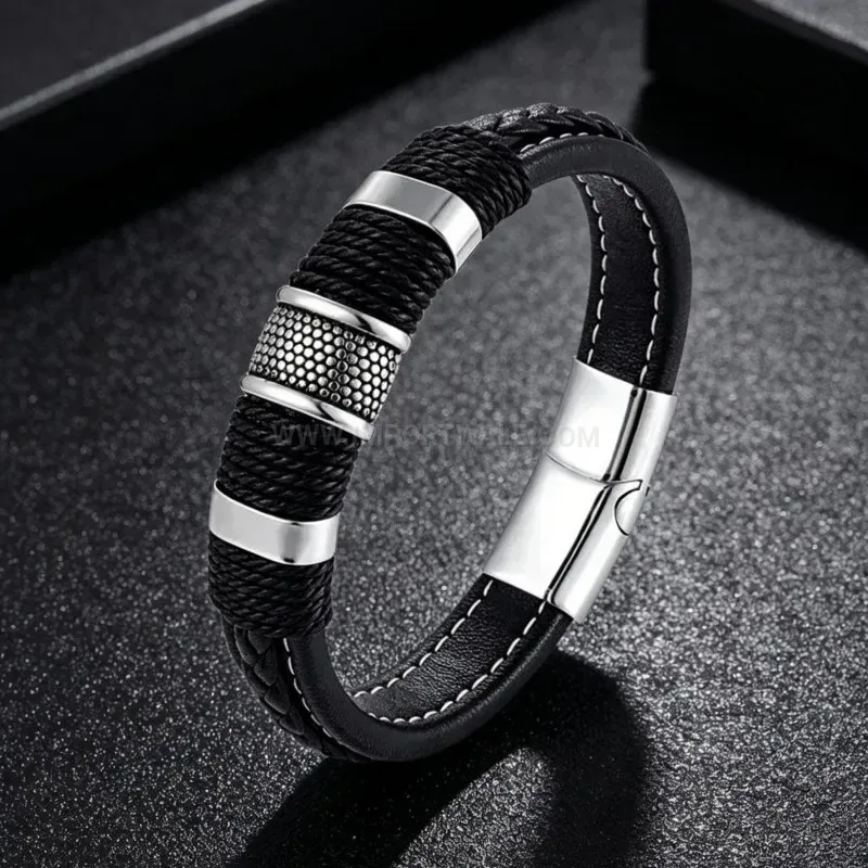 Stylish Multi Layer Braided Leather Men Bracelet With Magnetic Clasp