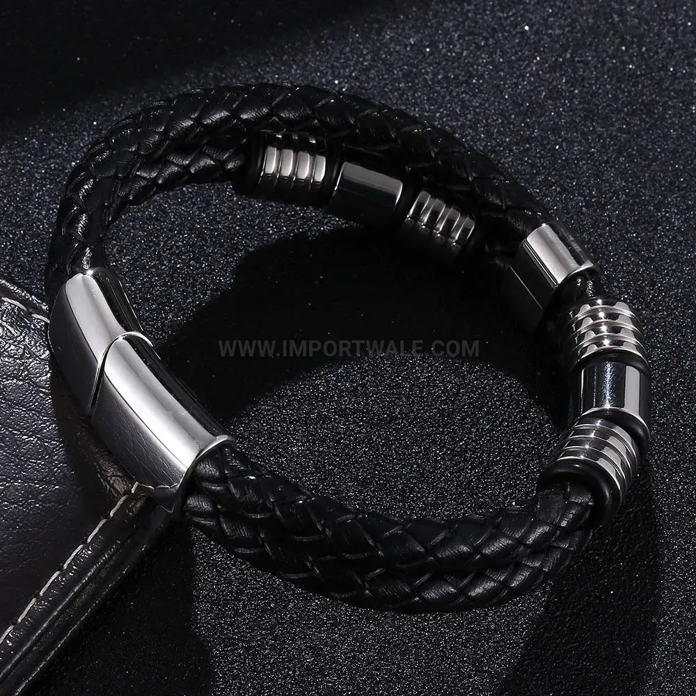 Dual Layer Braided Leather Stainless Steel Men Wristband