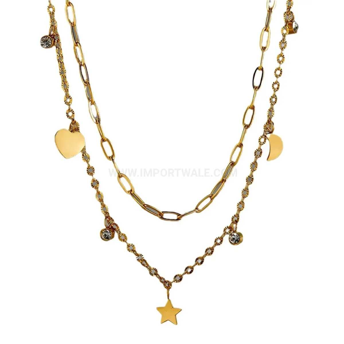 Fashion Layered Gold Star and Moon Pendant Titanium Steel Necklace
