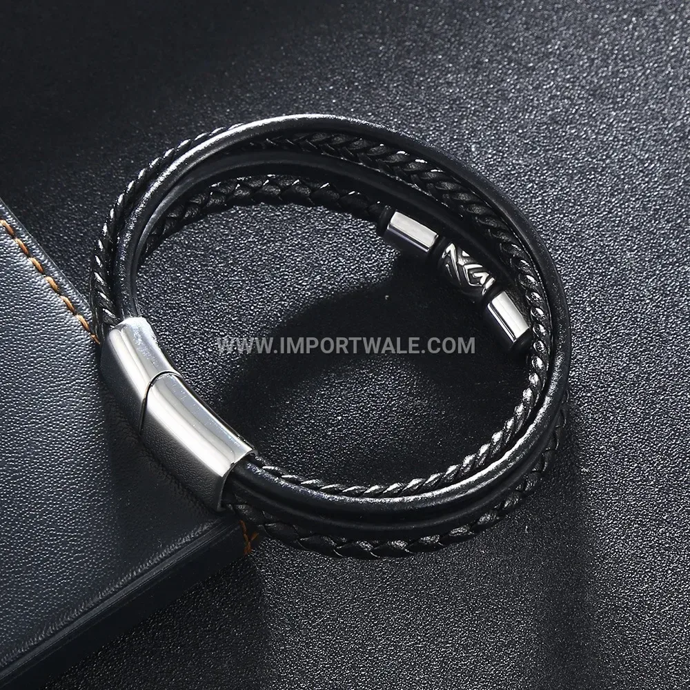 Multi Layer Handwoven Leather Men Stainless Steel Cuff Bracelet