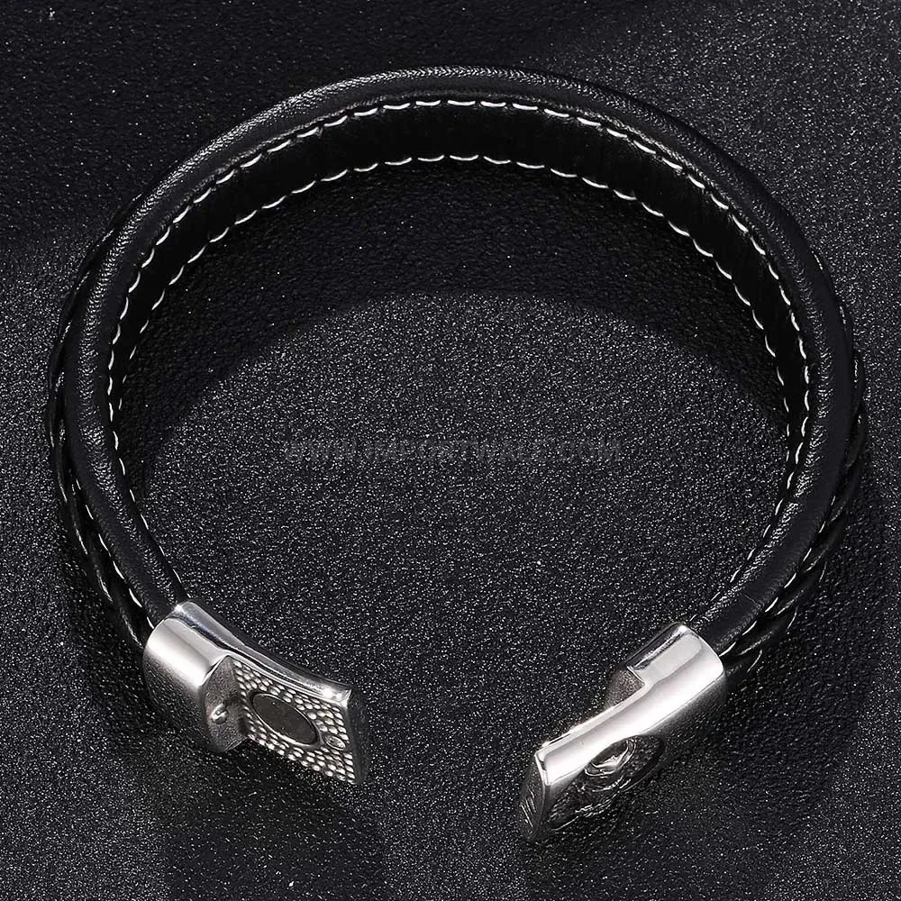Braided Black Leather Owl Charm Bracelet with Stainless Steel Hardware