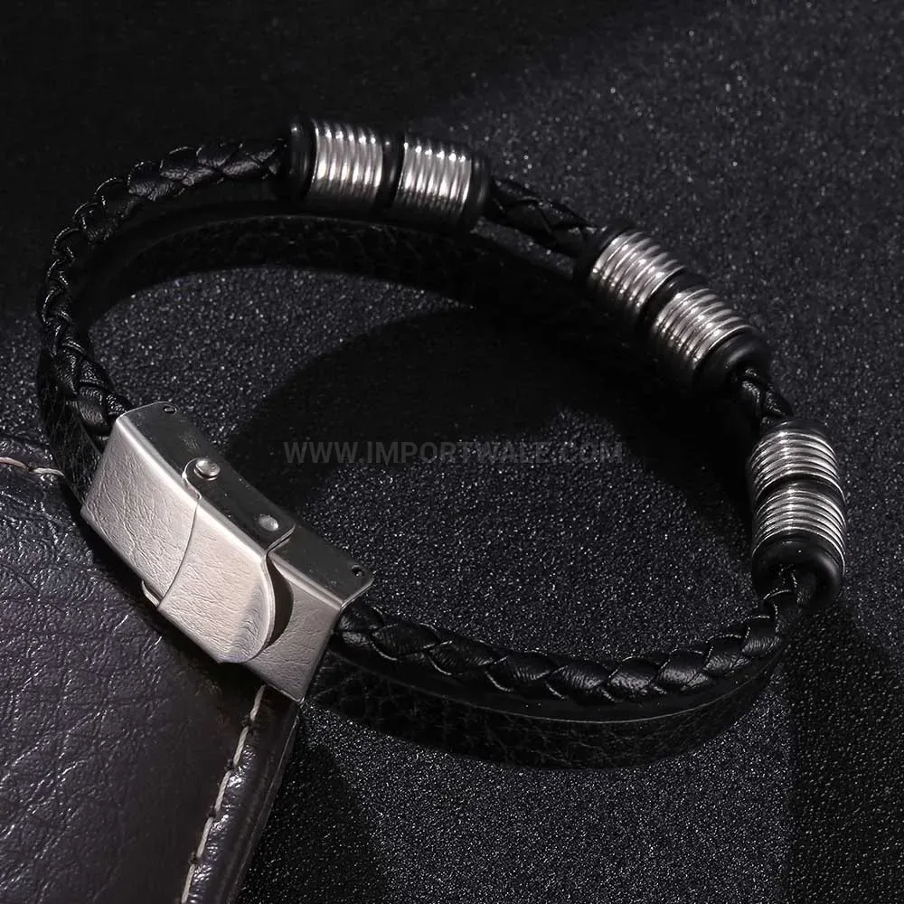 Double Strand Woven Leather Bracelet with Stainless Steel Safety Clasp