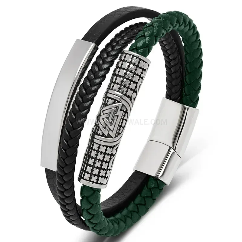 Designer Woven Microfiber Leather Stainless Steel Accent Men Wristband