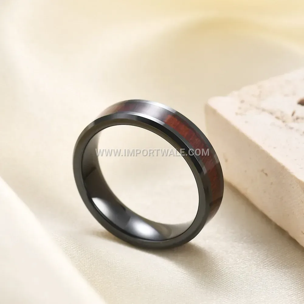 Black Stainless Steel Wood Grain Band Ring